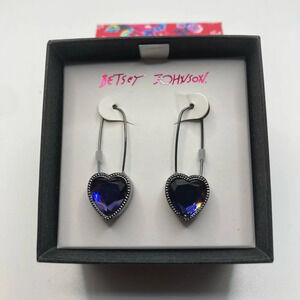 BETSEY JOHNSON Hematite-Look & Purple Crystal Heart Safety Pin Earrings NEW NWT
